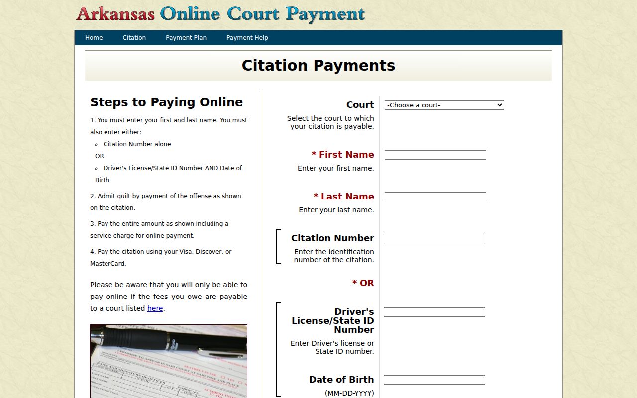 Prairie County bench warrant search using the Arkansas citation query