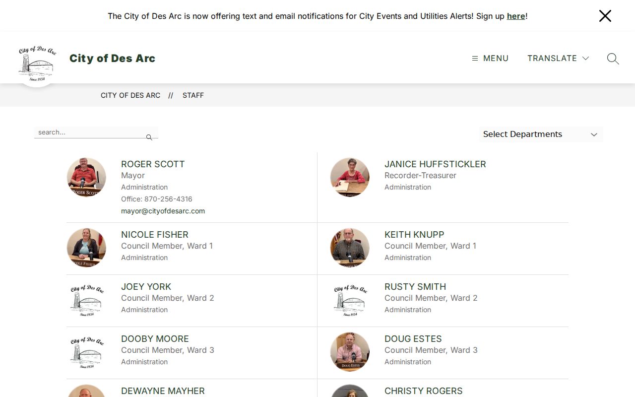 Des Arc City Hall contact for Prairie County municipal warrant records